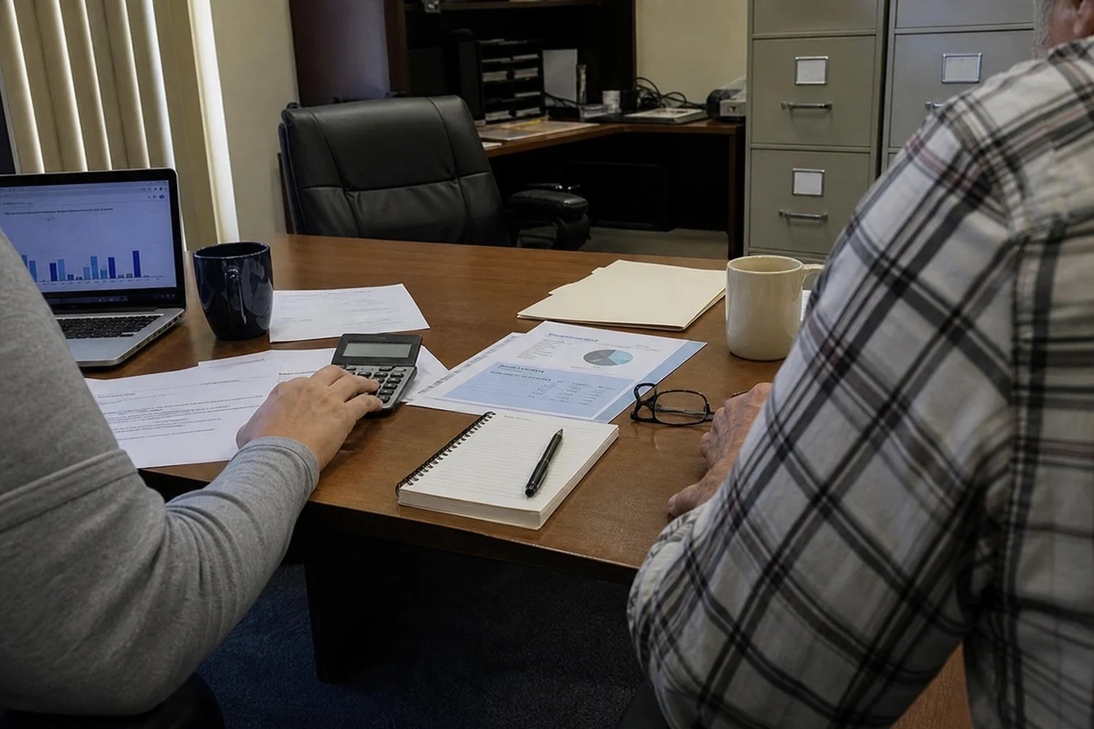 Two people at a wooden office desk, one using a calculator beside printed statements, with a notepad, pen, glasses, coffee mugs, a laptop chart and filing cabinets behind