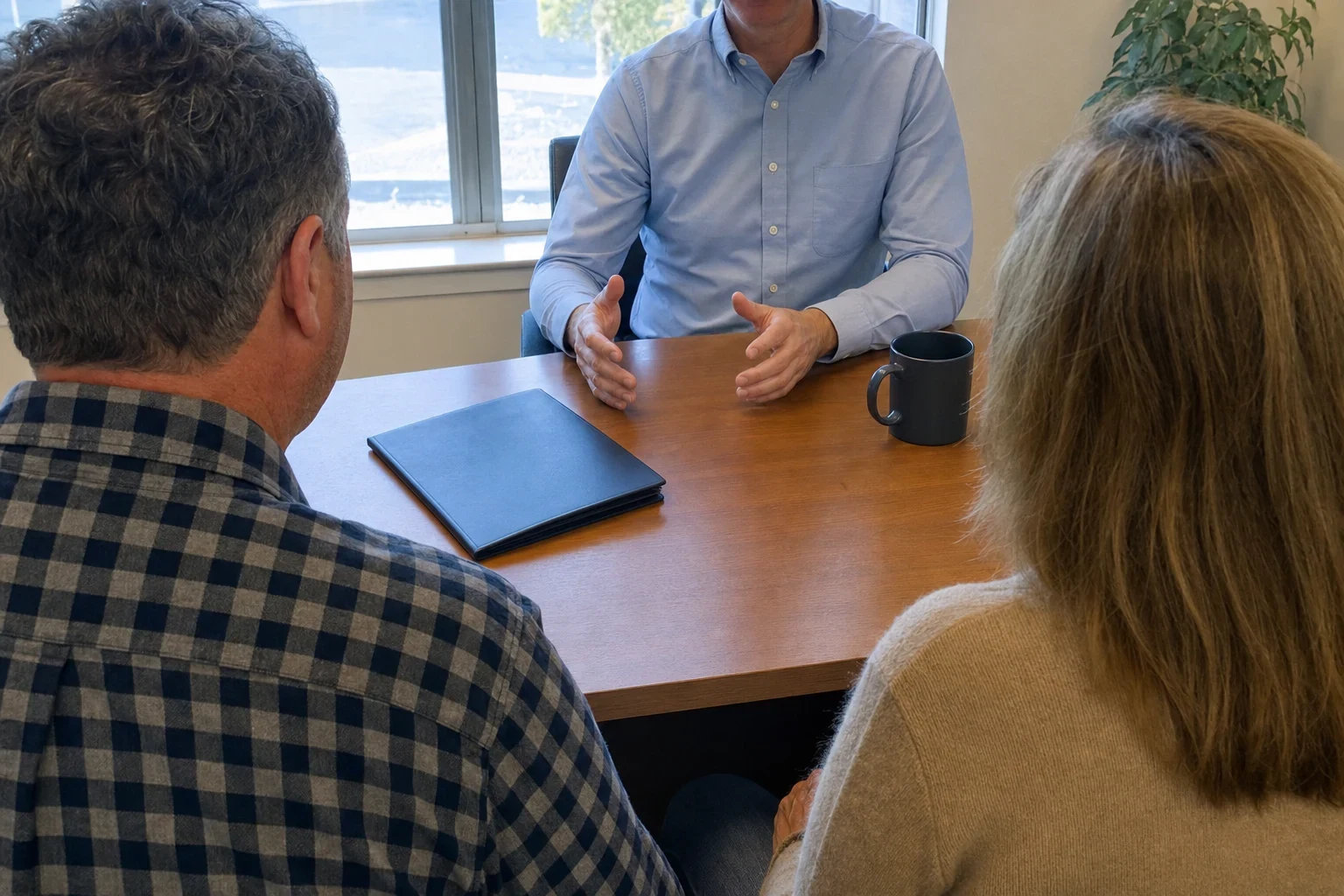 Agent in a light blue button-down shirt gestures across a wooden desk to a couple seen from behind, with a closed dark folder and a coffee mug on the desk by a window