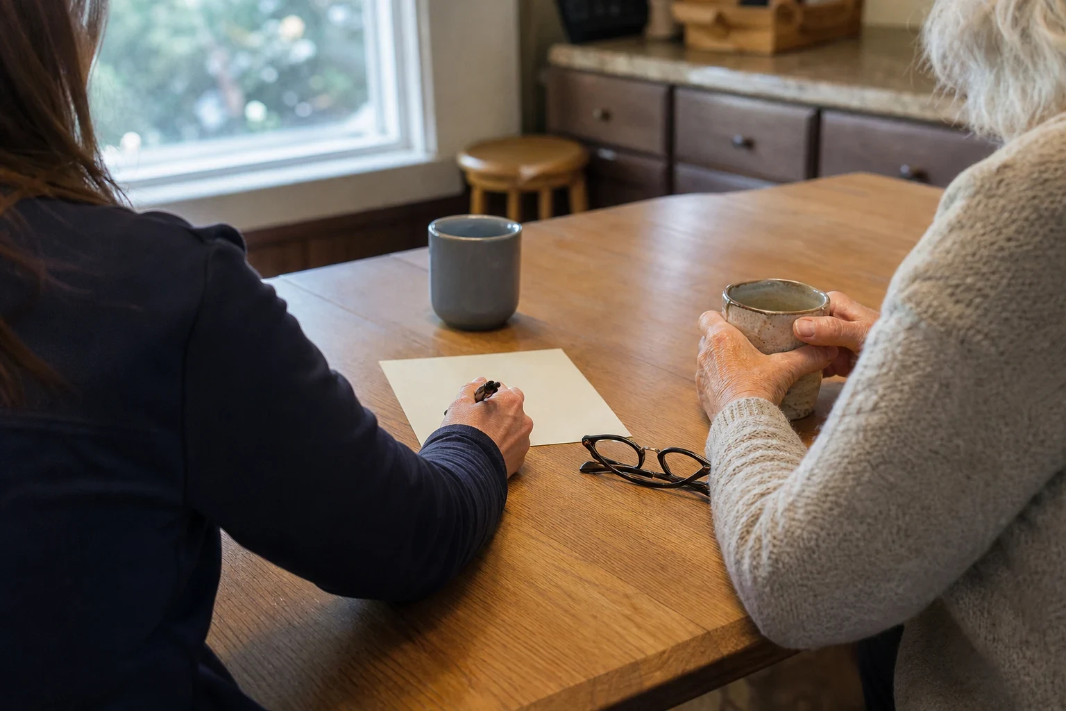 Two women seated at a wooden kitchen table with mugs, reading glasses and a blank sheet of paper, one holding a pen, beside a window with daylight